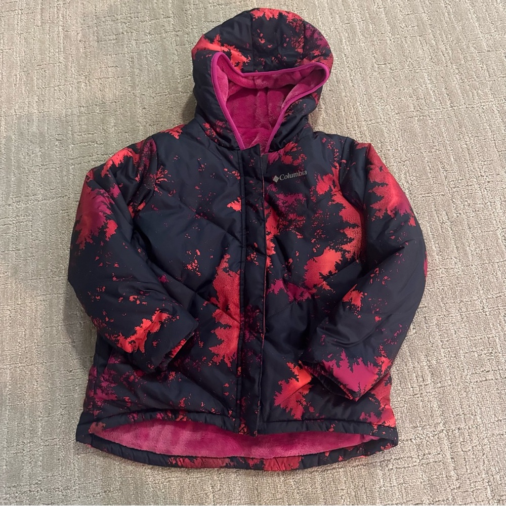 Columbia Girls Hooded Puffer Jacket Coat Pink Black Abstract Print Size M